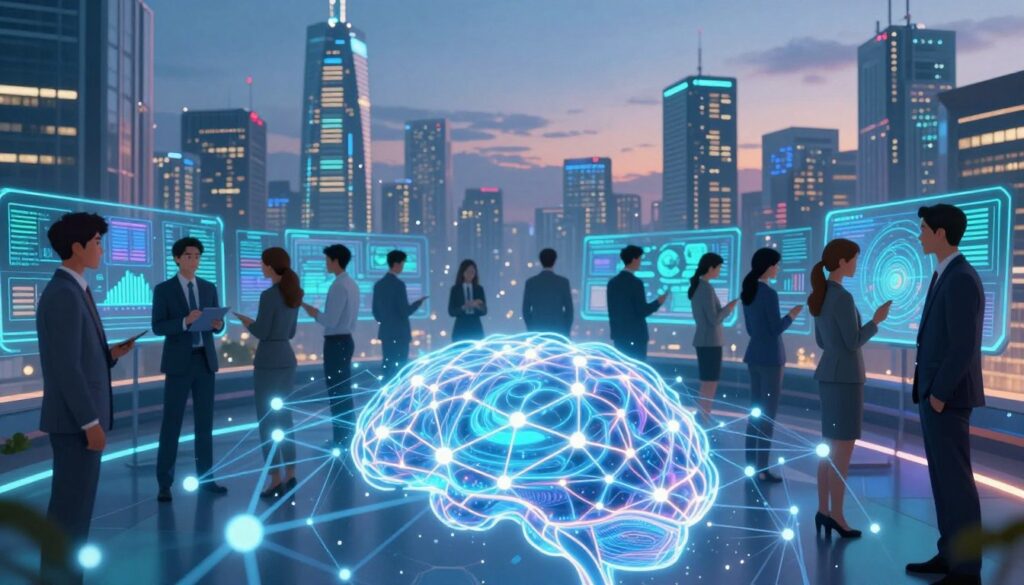 A futuristic digital landscape representing intelligence, featuring a glowing neural network in the foreground, with intricate nodes and connections pulsating with energy. In the middle ground, a diverse group of professionals in business attire analyze data on digital screens, their expressions focused and collaborative. The background showcases a high-tech cityscape at dusk, with skyscrapers adorned with holographic displays and soft blue and green lighting that reflects a sense of innovation. The atmosphere is one of urgency and enlightenment, hinting at advanced AI in action. Use a wide-angle lens to capture the depth and complexity of the scene, ensuring clarity and vibrant colors throughout.
