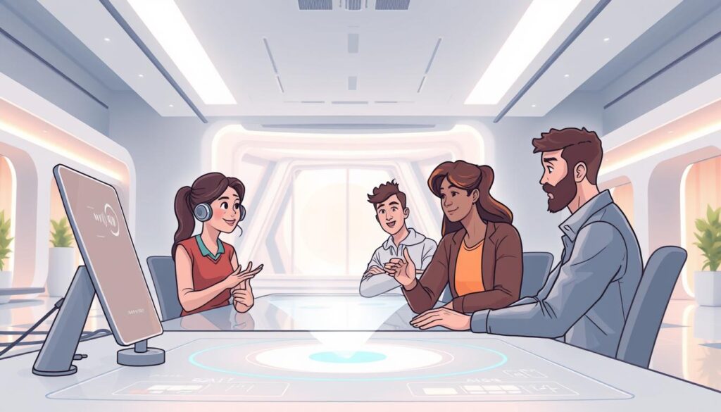 A futuristic digital workspace where developers collaborate seamlessly through interactive conversational workflows. In the foreground, a minimalist interface with fluid voice controls and holographic displays. In the middle ground, developers engage in dynamic dialogue, their expressions and gestures captured by advanced motion-sensing cameras. The background features a serene, luminous environment with sleek architectural elements, creating a sense of streamlined efficiency. Soft, diffused lighting illuminates the scene, casting a warm, inviting glow. The overall atmosphere conveys a harmonious balance of technology and human-centric design, empowering developers to unlock new levels of creativity and productivity through intuitive, conversational interactions.