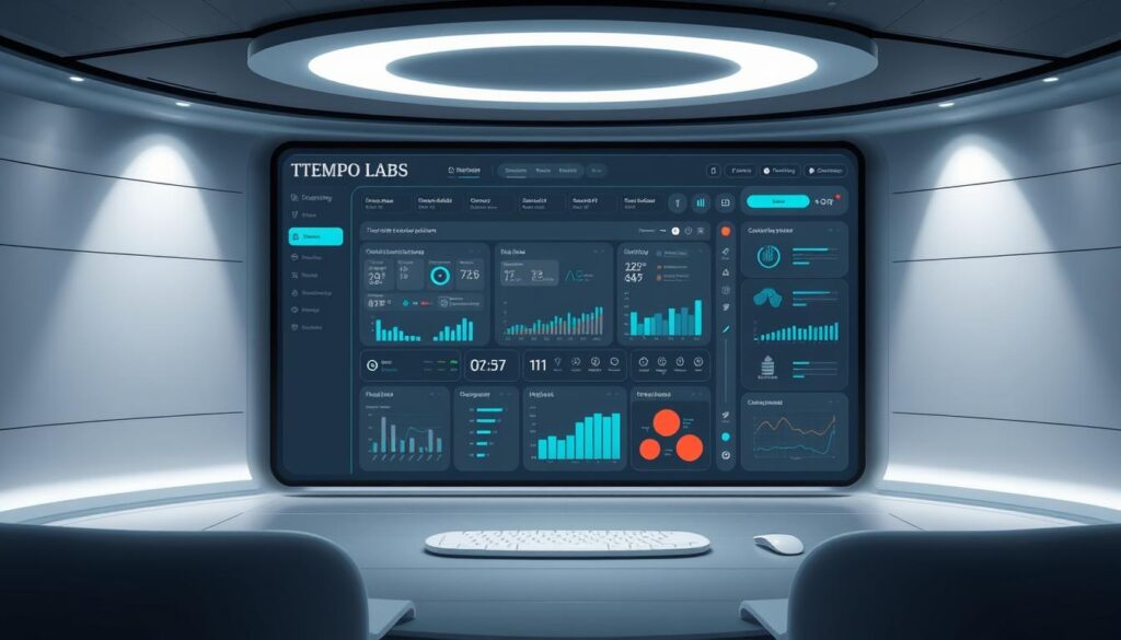A futuristic, minimalist user interface for Tempo Labs, a cutting-edge product development platform. The main workspace is a sleek, central dashboard with dynamic visualizations and real-time data feeds, surrounded by a clean, uncluttered layout of tools and controls. Soft, indirect lighting illuminates the scene, creating a refined, professional atmosphere. The interface features a harmonious color palette of muted grays, blues, and whites, with subtle accents of bright teal. Smooth, angular forms and clean lines convey a sense of efficiency and precision. The overall impression is one of a product-first, user-focused design that streamlines the development workflow. A futuristic, minimalist user interface for Tempo Labs, a cutting-edge product development platform. The main workspace is a sleek, central dashboard with dynamic visualizations and real-time data feeds, surrounded by a clean, uncluttered layout of tools and controls. Soft, indirect lighting illuminates the scene, creating a refined, professional atmosphere. The interface features a harmonious color palette of muted grays, blues, and whites, with subtle accents of bright teal. Smooth, angular forms and clean lines convey a sense of efficiency and precision. The overall impression is one of a product-first, user-focused design that streamlines the development workflow.
