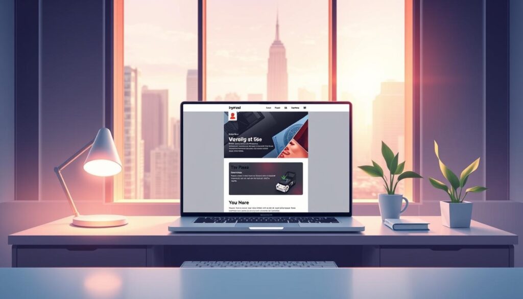 A futuristic office scene featuring a laptop screen displaying a personalized email template. The foreground shows a sleek, minimalist desk with a modern computer monitor, a stylish desk lamp, and a potted plant. The middle ground highlights the laptop screen, showcasing a dynamic, visually engaging email layout with personalized details and dynamic content blocks. The background depicts a panoramic cityscape view through large windows, creating a sense of urban sophistication. The lighting is a balanced mix of warm, natural tones and cool, technological highlights, evoking a productive and innovative atmosphere. The overall scene conveys the power of generative AI to create highly personalized marketing content at scale.