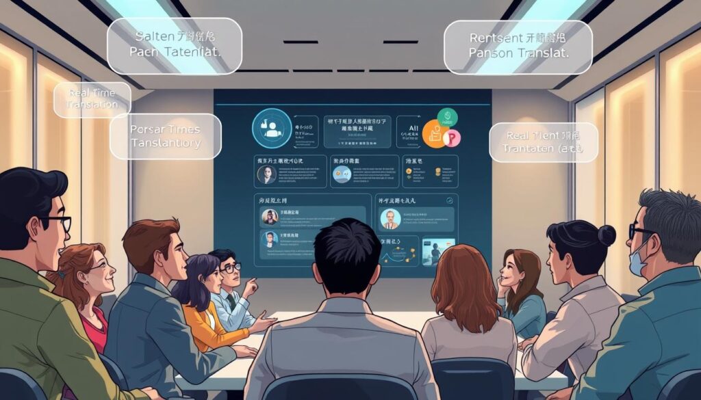 A futuristic scene of real-time translation in action. In the foreground, a diverse group of people converse animatedly, their words translated and displayed in holographic bubbles above their heads. In the middle ground, a large interactive display showcases a real-time summary of the conversation, with key points and visuals. The background features a sleek, minimalist conference room with floor-to-ceiling windows, bathed in soft, ambient lighting. The overall mood is one of efficiency, collaboration, and technological advancement, reflecting the "Snapsight" concept of seamless, AI-powered translation services.