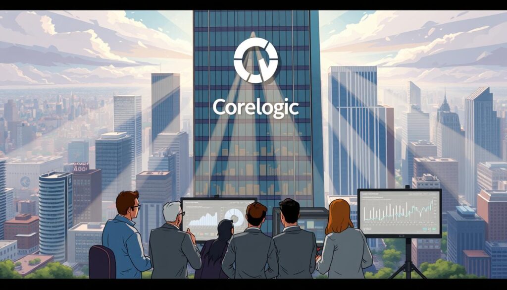 A high-rise cityscape with a sleek, modern CoreLogic headquarters building at the center, surrounded by a bustling urban landscape. The building's facade is adorned with a prominent CoreLogic logo, reflecting the company's institutional-grade market intelligence and analytics capabilities. Rays of sunlight stream through the glass windows, illuminating the interior workspaces. In the foreground, a group of business professionals are engaged in a collaborative meeting, analyzing data visualizations and charts projected on large screens. The overall scene conveys a sense of innovation, technological prowess, and data-driven decision-making at the heart of the property market.