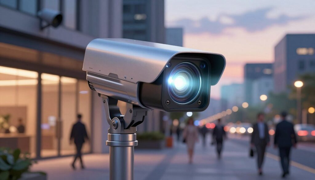 A high-tech deterrence camera prominently positioned in the foreground, featuring sleek metallic surfaces and advanced sensors. The camera is illuminated by bright LED lights, casting a vivid glow that enhances its visibility. In the middle ground, a well-lit urban street scene showcases people in professional attire walking by, with a faint outline of a building equipped with additional security features such as sirens and audio speakers. The background reveals a cityscape at dusk, with a blend of warm and cool tones in the sky to convey a sense of safety and vigilance. A slight lens flare adds to the high-tech atmosphere, making the viewer feel a mix of security and awareness, as if the camera is actively monitoring and deterring potential incidents. A high-tech deterrence camera prominently positioned in the foreground, featuring sleek metallic surfaces and advanced sensors. The camera is illuminated by bright LED lights, casting a vivid glow that enhances its visibility. In the middle ground, a well-lit urban street scene showcases people in professional attire walking by, with a faint outline of a building equipped with additional security features such as sirens and audio speakers. The background reveals a cityscape at dusk, with a blend of warm and cool tones in the sky to convey a sense of safety and vigilance. A slight lens flare adds to the high-tech atmosphere, making the viewer feel a mix of security and awareness, as if the camera is actively monitoring and deterring potential incidents.