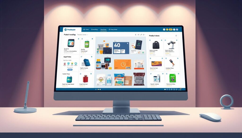 A high-tech, professional product roundup tool displayed on a sleek, modern desk. In the foreground, the tool's intuitive digital interface showcases various product options, with clean typography and vivid icons. The middle ground features an array of carefully curated products, their packaging and branding highlighted. In the background, a minimalist environment with soft, directional lighting creates a sense of focus and sophistication. The overall composition conveys efficiency, curation, and a seamless AI-powered experience for running smart, AI-enhanced contests.