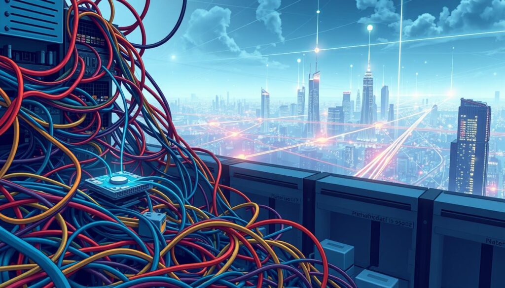 A highly detailed, technical illustration of network optimization. The foreground depicts a tangle of multicolored cables, circuit boards, and networking devices, symbolizing the complex infrastructure of modern networks. The middle ground showcases a 3D visualization of data packets zipping through the network, their paths optimized for low latency. In the background, a futuristic city skyline stretches out, with glowing skyscrapers and flashes of light, hinting at the power and speed of the cloud-based infrastructure. The scene is bathed in a cool, blue-tinted lighting, conveying a sense of efficiency and precision. The overall mood is one of technological sophistication, with a focus on the intricate workings of network optimization. A highly detailed, technical illustration of network optimization. The foreground depicts a tangle of multicolored cables, circuit boards, and networking devices, symbolizing the complex infrastructure of modern networks. The middle ground showcases a 3D visualization of data packets zipping through the network, their paths optimized for low latency. In the background, a futuristic city skyline stretches out, with glowing skyscrapers and flashes of light, hinting at the power and speed of the cloud-based infrastructure. The scene is bathed in a cool, blue-tinted lighting, conveying a sense of efficiency and precision. The overall mood is one of technological sophistication, with a focus on the intricate workings of network optimization.
