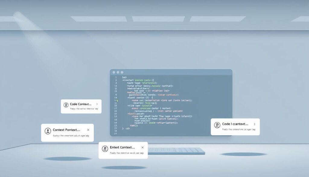 A meticulously crafted user interface displaying a clean, organized workspace. In the foreground, a series of prompts for code context float against a muted background, each accompanied by elegant icons and annotations. The middle ground showcases a central code editor, its syntax highlighted and line numbers clearly visible, while the background features a minimalist, calming palette of grays and blues, creating a sense of focus and productivity. Soft, directional lighting emanates from the upper left, casting subtle shadows and highlights that accentuate the depth and texture of the digital environment. The overall atmosphere conveys a sense of clarity, structure, and thoughtful curation - a visual representation of the "Prompt Patterns and Instructions That Encode Your Guide".