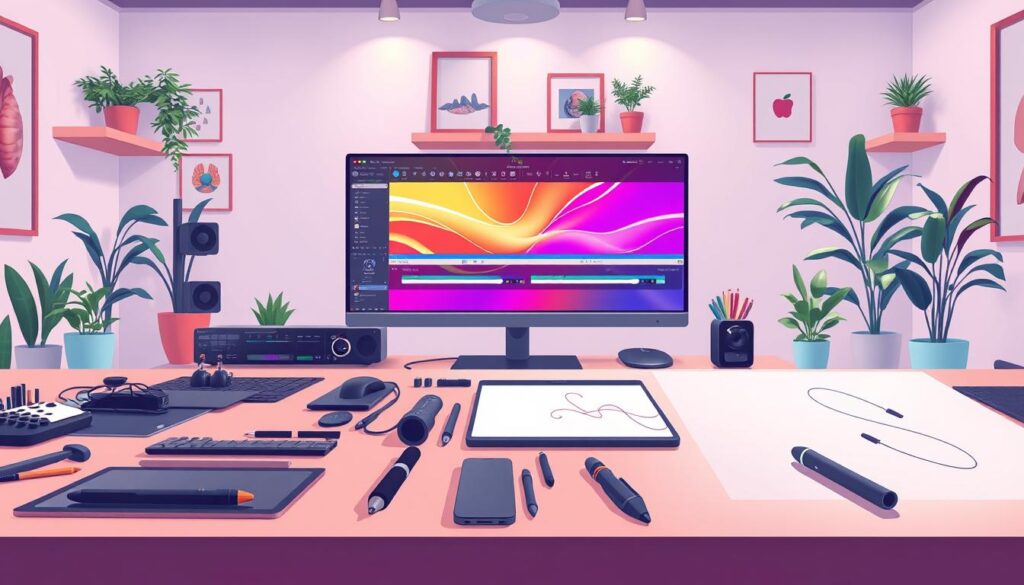 A meticulously crafted workspace filled with an array of motion design tools. In the foreground, an array of sleek, modern digital drawing tablets, styluses, and input devices arrayed with precision. The mid-ground showcases a large, high-resolution monitor displaying a vibrant, dynamic animation timeline, the UI brimming with intuitive controls and settings. In the background, a tasteful blend of minimal decor, plants, and soft ambient lighting creates a serene, focused atmosphere, conducive to fluid, creative expression. The entire scene radiates a sense of seamless, high-tech productivity, perfectly suited for crafting smooth, captivating user interface animations.