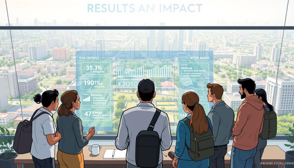 A meticulously rendered digital illustration depicting the "Results and Impact" of a socially conscious product development initiative. Showcasing in the foreground a diverse team of designers, engineers, and stakeholders collaborating intently around a holographic display, with tangible metrics and visualizations highlighting key outcomes - cost efficiencies, accelerated timelines, scalable reach, and enhanced social inclusion. In the middle ground, an expansive cityscape backdrop with a mix of modern architecture and green urban spaces, symbolizing the positive community-level transformations. Overhead, a soft, diffused lighting creates a palpable sense of progress and optimism, while a cinematic, wideangle camera perspective conveys the grand scale and far-reaching influence of the endeavor.