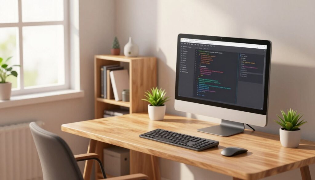 A minimalist home office workspace designed for coding efficiency. In the foreground, a sleek wooden desk features a modern computer setup with a large monitor, ergonomic keyboard, and a small potted plant for a touch of greenery. To the left, a comfortable, stylish chair enhances the professional atmosphere. The middle ground showcases a clean bookshelf with a few tech books and decorative items, emphasizing organization. In the background, a window allows natural light to flood the space, casting soft shadows and creating a warm, inviting ambiance. The overall mood is focused and inspiring, ideal for a productive coding session. Soft, diffused lighting enhances the minimalistic look, captured from a slightly angled perspective to highlight depth and detail. A minimalist home office workspace designed for coding efficiency. In the foreground, a sleek wooden desk features a modern computer setup with a large monitor, ergonomic keyboard, and a small potted plant for a touch of greenery. To the left, a comfortable, stylish chair enhances the professional atmosphere. The middle ground showcases a clean bookshelf with a few tech books and decorative items, emphasizing organization. In the background, a window allows natural light to flood the space, casting soft shadows and creating a warm, inviting ambiance. The overall mood is focused and inspiring, ideal for a productive coding session. Soft, diffused lighting enhances the minimalistic look, captured from a slightly angled perspective to highlight depth and detail.