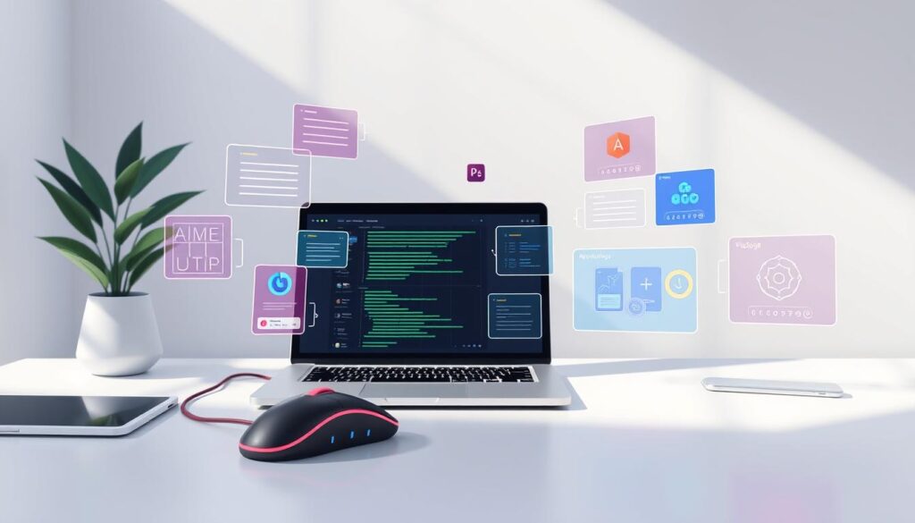 A minimalist workspace bathed in soft natural light, with a sleek laptop, a retro-futuristic mouse, and a colorful array of low-code and visual programming tools arranged in a harmonious composition. The tools appear to float effortlessly, their holographic interfaces and vibrant color schemes reflecting a sense of creativity and efficiency. A modern, distraction-free environment that inspires rapid prototyping and aesthetic design.