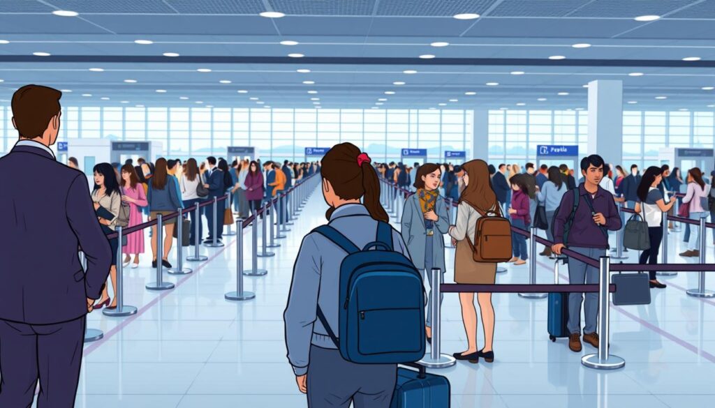 A modern airport terminal with people standing in a well-organized queue, waiting to be processed at the security checkpoint. The line is evenly spaced, with floor markings and stanchions guiding the flow of traffic. Bright, diffused lighting casts a calming ambiance, and the terminal's sleek, minimalist design creates a sense of efficiency. In the foreground, a couple of airport staff members in uniform assist passengers, ensuring a smooth and seamless experience. The middle ground showcases the queue stretching out, with people of diverse ages and backgrounds patiently waiting their turn. The background features the terminal's expansive architecture, with high ceilings and glass walls offering a glimpse of the bustling airside activities beyond.