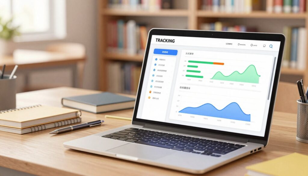 A modern and engaging tracking system interface displayed prominently in the foreground, showcasing colorful graphs, progress bars, and event markers on a sleek dashboard. In the middle ground, a laptop is open with the interface visible, surrounded by stationery like notebooks and pens, suggesting a student-friendly environment. In the background, a soft-focus library setting with bookshelves and a study table bathed in warm, natural light, creating an atmosphere of calm and concentration. The overall mood is motivational and inspiring, emphasizing clean lines and an organized design, with a slight tilt angle to add depth. Lighting is bright yet soft, highlighting the dashboard elements without harsh shadows, to evoke a sense of clarity and focus.