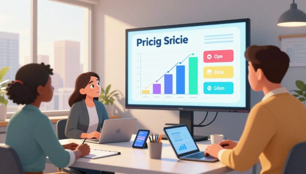 A modern and sleek office workspace showcasing a large digital screen displaying a colorful and engaging pricing chart for a tech service. In the foreground, a diverse group of three professionals in smart casual attire, two men and one woman, are gathered around a table, reviewing the chart with expressions of interest and curiosity. The middle ground features a stylish desk with laptops, tablets, and stationery, blending seamlessly into the scene. The background showcases a city skyline through a large window, illuminated by warm, natural sunlight that streams in, creating an inviting atmosphere. The overall mood is one of innovation and collaboration, emphasizing a positive and forward-thinking approach to pricing in technology.