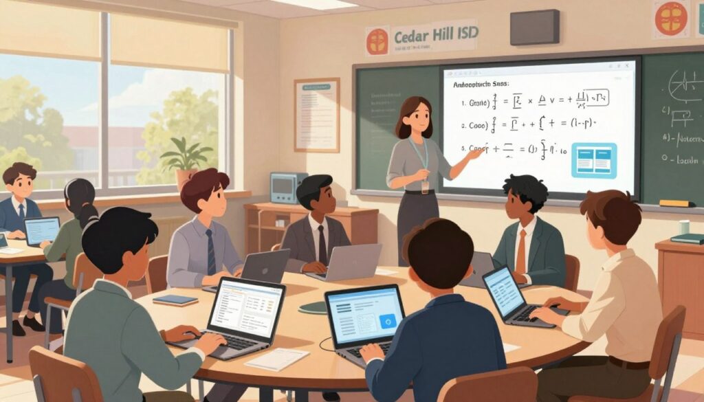A modern classroom in Cedar Hill ISD filled with students engaging with AI tools for feedback and problem-solving. In the foreground, a diverse group of students, dressed in professional business attire, are working collaboratively at a round table, analyzing data displayed on laptops and tablets. The middle ground features a teacher guiding the discussion, using a digital whiteboard filled with math problems and AI-generated suggestions. In the background, large windows let in natural light, illuminating the room with a warm and inviting atmosphere. The classroom walls are decorated with educational posters highlighting technology integration in learning. The angle is slightly elevated, showcasing the interaction and engagement among the students and teacher, creating a productive and dynamic educational environment.