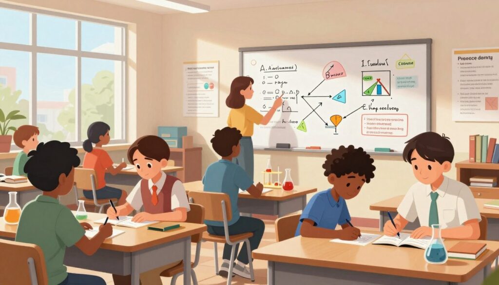 A modern classroom scene depicting mastery learning across various subjects. In the foreground, a diverse group of students, dressed in professional casual attire, are engaged in hands-on activities, such as solving math problems, experimenting with science projects, and discussing literature. The middle of the image shows a large whiteboard filled with colorful diagrams and notes illustrating different subjects like math, science, and humanities. In the background, bright natural light streams in through large windows, creating an inviting atmosphere. The room is organized and has posters about effective study strategies on the walls. This composition highlights collaboration and active learning, embodying a sense of achievement and growth. The mood is focused yet inspiring, emphasizing the journey towards mastery in education. A modern classroom scene depicting mastery learning across various subjects. In the foreground, a diverse group of students, dressed in professional casual attire, are engaged in hands-on activities, such as solving math problems, experimenting with science projects, and discussing literature. The middle of the image shows a large whiteboard filled with colorful diagrams and notes illustrating different subjects like math, science, and humanities. In the background, bright natural light streams in through large windows, creating an inviting atmosphere. The room is organized and has posters about effective study strategies on the walls. This composition highlights collaboration and active learning, embodying a sense of achievement and growth. The mood is focused yet inspiring, emphasizing the journey towards mastery in education.