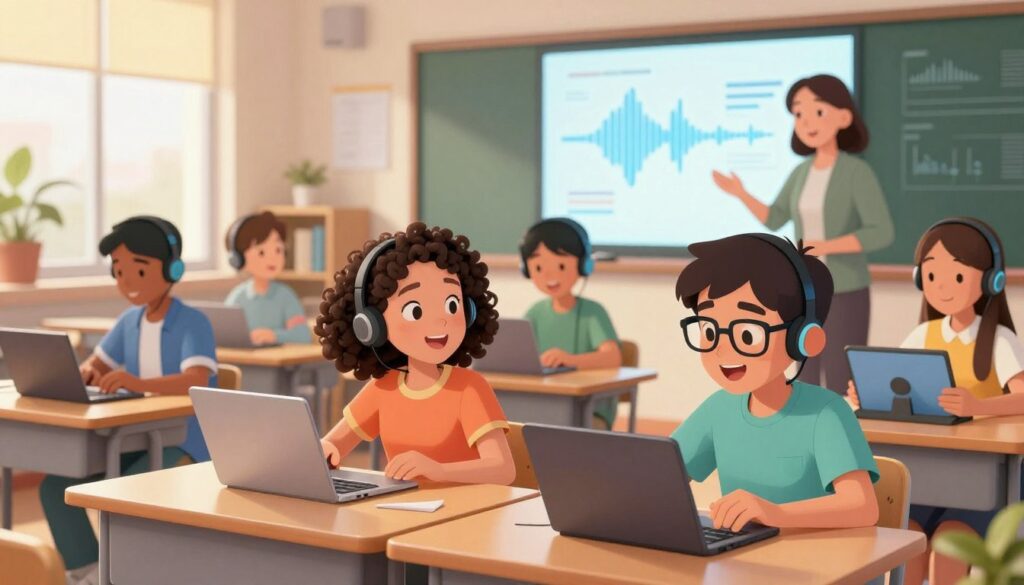 A modern classroom scene filled with diverse Spanish-speaking students engaging with speech recognition technology on their laptops and tablets. In the foreground, two students, a girl with curly hair and a boy with glasses, are actively participating in a verbal assessment, their faces showing concentration and excitement. In the middle ground, additional students are using headsets, while a teacher observes with a smile, promoting a supportive atmosphere. The background features a large digital whiteboard displaying sound waves and visual data analytics relating to their speech performance. Soft, warm lighting filters through the windows, creating an inviting and focused ambiance, evoking a sense of innovation and collaboration in learning.