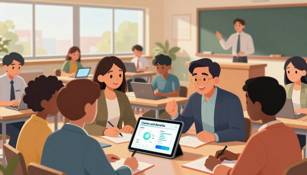 A modern classroom setting illustrating the theme of "Claims and Benefits" in the context of AI-enhanced education. In the foreground, a diverse group of educators, all dressed in smart, professional attire, engage in a lively discussion around a tablet displaying analytics and personalized learning data. The middle ground features students, each working on tablets or laptops, demonstrating focused attention and collaboration. In the background, large windows let in warm, natural light, creating an inviting atmosphere. The image captures a balance of technology and human interaction, symbolizing efficiency, personalized learning, and increased face time between educators and students, evoking a progressive and optimistic mood. Use a wide-angle lens to create depth and an immersive perspective, enhancing the dynamic classroom environment. A modern classroom setting illustrating the theme of "Claims and Benefits" in the context of AI-enhanced education. In the foreground, a diverse group of educators, all dressed in smart, professional attire, engage in a lively discussion around a tablet displaying analytics and personalized learning data. The middle ground features students, each working on tablets or laptops, demonstrating focused attention and collaboration. In the background, large windows let in warm, natural light, creating an inviting atmosphere. The image captures a balance of technology and human interaction, symbolizing efficiency, personalized learning, and increased face time between educators and students, evoking a progressive and optimistic mood. Use a wide-angle lens to create depth and an immersive perspective, enhancing the dynamic classroom environment.