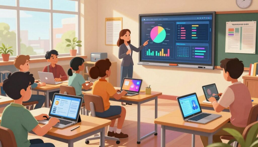 A modern classroom setting showcasing the latest trends in educational technology and adoption in the United States. In the foreground, a diverse group of students engaged with personalized digital devices like tablets and laptops, all wearing casual, professional attire, showing focus and collaboration. In the middle ground, an interactive smart board displays vibrant educational graphs and AI data analytics related to learning trends. The background features a bright, airy classroom full of natural light streaming through large windows, with bookshelves and educational posters. The overall mood is one of excitement and innovation, emphasizing the evolving nature of education. The angle is slightly tilted from above, capturing the dynamic interaction among students and technology while maintaining a warm and inviting atmosphere. A modern classroom setting showcasing the latest trends in educational technology and adoption in the United States. In the foreground, a diverse group of students engaged with personalized digital devices like tablets and laptops, all wearing casual, professional attire, showing focus and collaboration. In the middle ground, an interactive smart board displays vibrant educational graphs and AI data analytics related to learning trends. The background features a bright, airy classroom full of natural light streaming through large windows, with bookshelves and educational posters. The overall mood is one of excitement and innovation, emphasizing the evolving nature of education. The angle is slightly tilted from above, capturing the dynamic interaction among students and technology while maintaining a warm and inviting atmosphere.