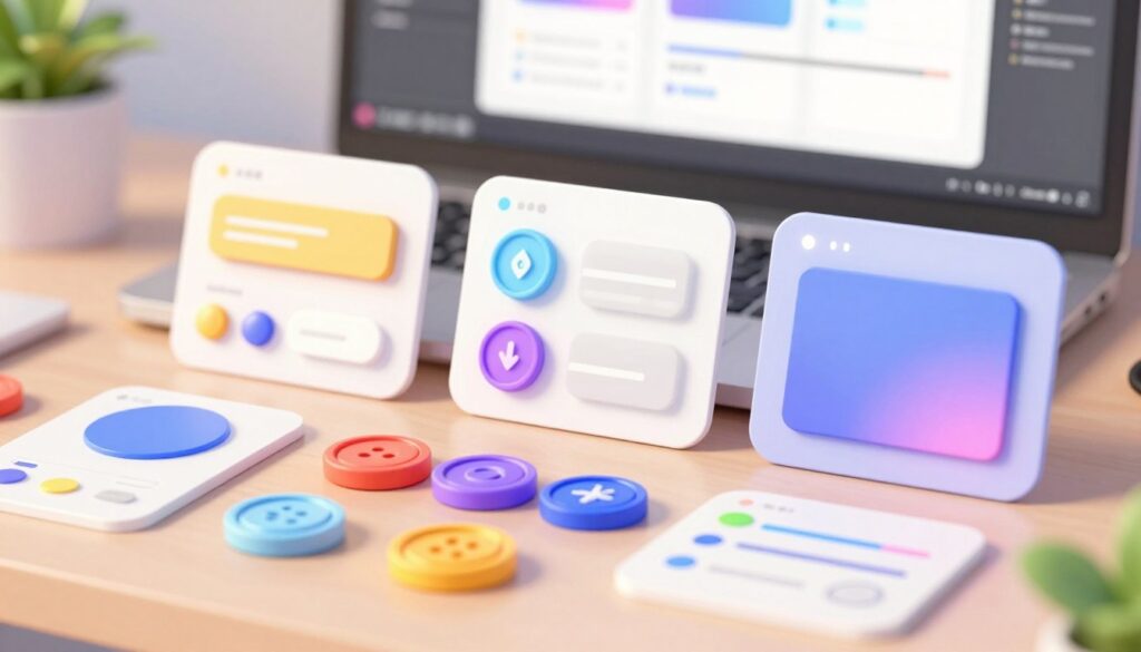 A modern design workspace showcasing a collection of UI components including buttons, cards, and layout grids. In the foreground, stylishly arranged buttons with distinct design tokens displayed in various colors and styles, highlighting different interactive states like hover and active. The middle ground features elegant card designs with sharp shadows and subtle gradients, emphasizing their dimensional aspect. The background is a softly blurred view of a sleek design software interface, providing context but not distraction. Soft, diffused lighting creates a bright and inviting atmosphere, accentuating the vibrant colors of the components. The image should have a professional, clean look, capturing the essence of contemporary digital design. Aim for a high-resolution, well-composed shot, enhancing clarity and focus on the components. A modern design workspace showcasing a collection of UI components including buttons, cards, and layout grids. In the foreground, stylishly arranged buttons with distinct design tokens displayed in various colors and styles, highlighting different interactive states like hover and active. The middle ground features elegant card designs with sharp shadows and subtle gradients, emphasizing their dimensional aspect. The background is a softly blurred view of a sleek design software interface, providing context but not distraction. Soft, diffused lighting creates a bright and inviting atmosphere, accentuating the vibrant colors of the components. The image should have a professional, clean look, capturing the essence of contemporary digital design. Aim for a high-resolution, well-composed shot, enhancing clarity and focus on the components.