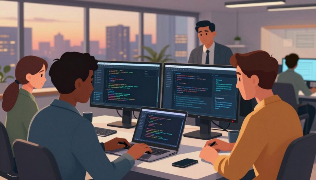 A modern digital office space illustrating the concept of security in vibe coding apps. Foreground features a diverse group of three professionals dressed in smart casual attire, intently collaborating over a sleek laptop displaying code, emphasizing a sense of teamwork and innovation. The middle ground showcases a high-tech workstation complete with dual monitors, security software interfaces, and guidelines for best practices visibly displayed. In the background, large windows reveal a city skyline at dusk, with warm, ambient lighting filling the room, creating a focused yet inviting atmosphere. The lens captures this scene from an angle that highlights both the human elements and the advanced technology, while soft shadows create depth and a sense of importance around the topic of security. A modern digital office space illustrating the concept of security in vibe coding apps. Foreground features a diverse group of three professionals dressed in smart casual attire, intently collaborating over a sleek laptop displaying code, emphasizing a sense of teamwork and innovation. The middle ground showcases a high-tech workstation complete with dual monitors, security software interfaces, and guidelines for best practices visibly displayed. In the background, large windows reveal a city skyline at dusk, with warm, ambient lighting filling the room, creating a focused yet inviting atmosphere. The lens captures this scene from an angle that highlights both the human elements and the advanced technology, while soft shadows create depth and a sense of importance around the topic of security.
