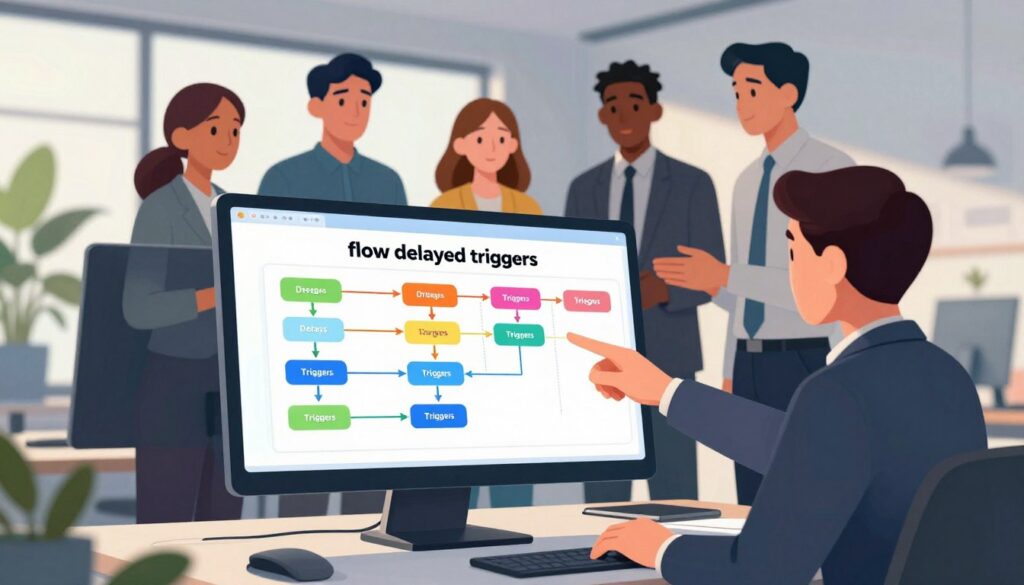 A modern digital workspace illustrating the concept of "flow delayed triggers". In the foreground, a sleek, high-tech computer screen displays a vibrant flowchart, highlighting areas of delays and duplicated triggers, with colorful arrows and nodes. The middle layer features a diverse team of professionals in business attire, analyzing the flowchart with focused expressions, pointing at specific sections and discussing strategies. The background includes a contemporary office setting with large windows letting in soft, natural light, casting gentle shadows. A potted plant adds a touch of green, promoting a calm and productive atmosphere. The overall mood is one of collaboration, problem-solving, and innovation, captured from a slight low-angle perspective for a dynamic visual impact.