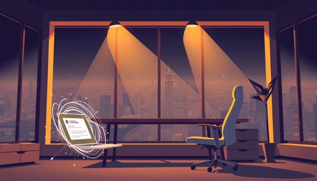 A modern home office setup, with a desk, chair, and computer displaying a chrome extension interface. The foreground features a glowing, vortex-like energy field emanating from the laptop screen, symbolizing the transformative power of AI-driven prompts. The middle ground shows a sleek, minimalist desk and ergonomic chair in neutral tones, conveying a sense of productivity and focus. The background depicts a vast, futuristic cityscape through large windows, hinting at the broader technological landscape. Warm, directional lighting from above casts dramatic shadows, creating depth and a sense of drama. The overall mood is one of innovation, creativity, and the seamless integration of human and machine intelligence.