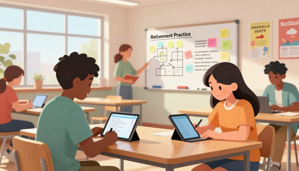 A modern learning environment featuring a diverse group of students engaging in mini-assessments to enhance their recall skills. In the foreground, two students, one Black and one Asian, sit at a sleek wooden table, pen in hand, focused on a quiz on their tablets. The middle layer shows a whiteboard filled with colorful sticky notes and diagrams illustrating retrieval practice strategies. In the background, sunlight streams in through large windows, casting soft shadows, creating a warm and inviting atmosphere. The space is bright and vibrant, adorned with educational posters. The image utilizes natural lighting to emphasize the collaborative spirit, showcasing an engaging and innovative study setting. No text or additional elements appear, ensuring a clean, professional aesthetic.