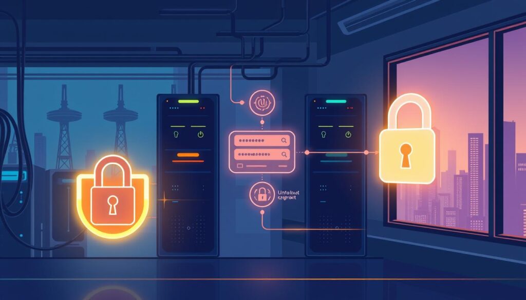 A modern, minimalist illustration of an authentication system. In the foreground, a sleek digital security lock icon glows with a warm, authoritative light. In the middle ground, a stylized authentication flow unfolds, with biometric scanning, password entry, and two-factor verification seamlessly integrated. The background depicts a sophisticated network infrastructure, with server towers, cable bundles, and a futuristic cityscape visible through a window. The overall mood is one of secure, efficient access - a technological ecosystem that "plays nice" with CI/CD tools to enable seamless, authenticated app deployment. A modern, minimalist illustration of an authentication system. In the foreground, a sleek digital security lock icon glows with a warm, authoritative light. In the middle ground, a stylized authentication flow unfolds, with biometric scanning, password entry, and two-factor verification seamlessly integrated. The background depicts a sophisticated network infrastructure, with server towers, cable bundles, and a futuristic cityscape visible through a window. The overall mood is one of secure, efficient access - a technological ecosystem that "plays nice" with CI/CD tools to enable seamless, authenticated app deployment.