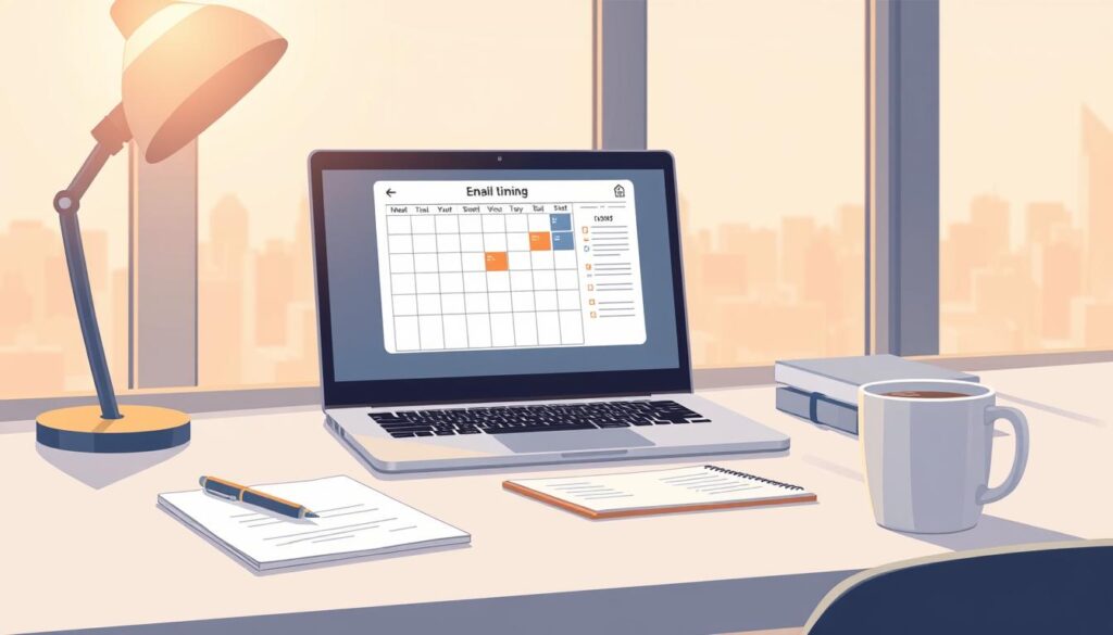 A modern, minimalist office workspace with a clean, organized desk. On the desk, a laptop is open, displaying a calendar and to-do list, symbolizing email timing and scheduling strategies. A pen, notebook, and a mug of coffee are neatly arranged, creating a productive and focused atmosphere. Warm, diffused lighting from a window casts a gentle glow, accentuating the clean lines and neutral tones of the scene. The background features a subtle blurred city skyline, hinting at the broader context of digital marketing and remote work. An overall sense of efficiency, organization, and strategic planning permeates the image.