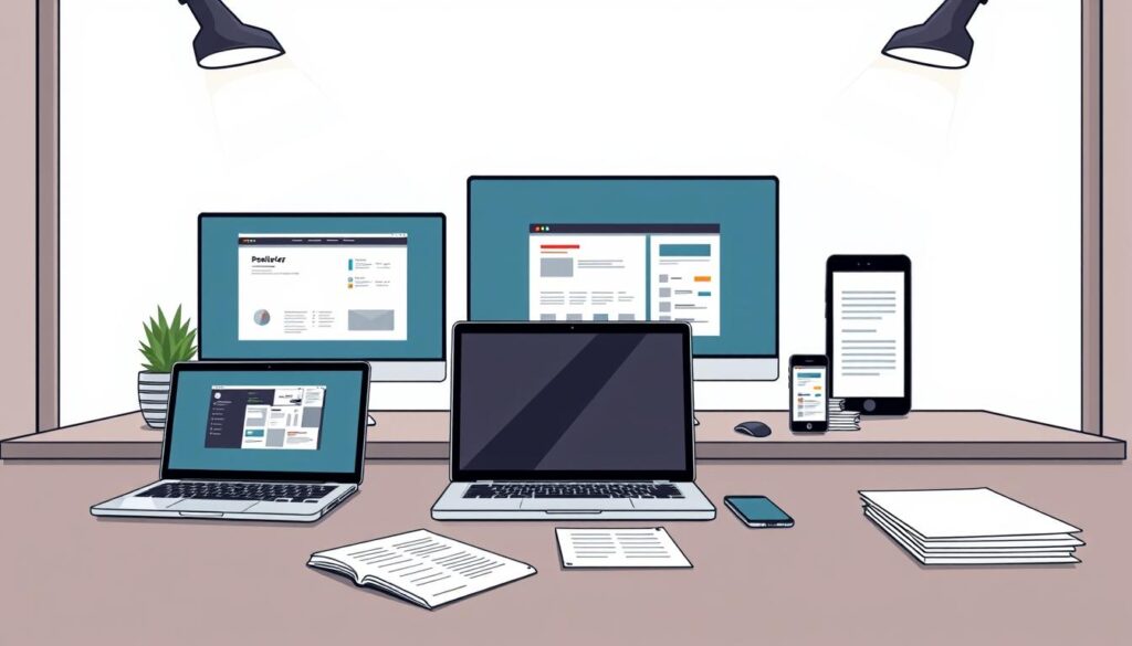 A modern office desk showcasing various digital devices and screens, symbolizing the idea of white-label and reseller models. The foreground features a sleek laptop, tablet, and smartphone, all displaying different software interfaces. The middle ground includes several neatly organized paperwork and documents, representing the business and administrative aspects of these models. The background subtly depicts a minimalist office setting with clean lines, neutral tones, and strategic lighting, creating a professional and efficient atmosphere. The overall composition conveys the scalability and customizability of white-label and reseller models in the digital landscape.
