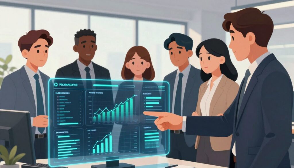 A modern office environment, showcasing a diverse team of individuals in professional business attire engaged in a discussion around a transparent digital display. In the foreground, a close-up of the digital interface illustrates various metrics and audit reports, glowing softly in blue and green tones. The middle ground features the team, with a woman pointing at the display while two men observe attentively, all appearing focused and collaborative. In the background, large windows allow natural light to flood the space, enhancing the atmosphere of innovation and professionalism. The overall mood is one of urgency and cooperation, with a clear focus on detection practices in AI, emphasizing transparency and accountability in security measures.