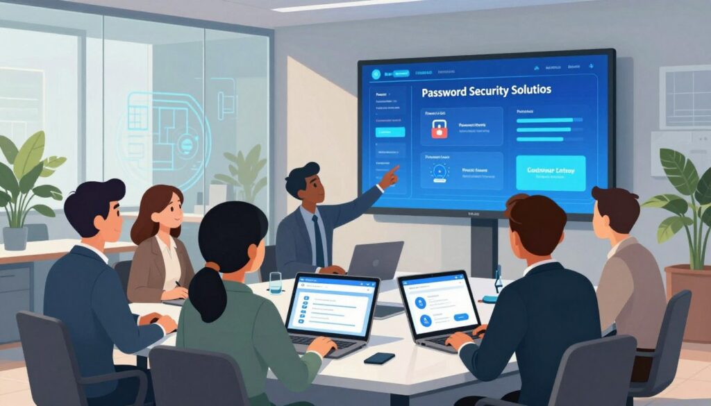 A modern office environment showcasing user experience in the context of password security solutions. In the foreground, a diverse group of professionals in business attire is collaborating around a sleek conference table, analyzing a vibrant digital interface projected on a large screen. The middle ground features high-tech devices like laptops and tablets displaying user-friendly password alternatives, emphasizing simplicity and accessibility. The background includes a glass wall with tech-inspired artwork and greenery, creating a fresh, innovative atmosphere. Soft, natural light filters through the office, highlighting the engaged expressions of the team members. Overall, the mood is collaborative and forward-thinking, illustrating the intersection of user experience and modern security technology.