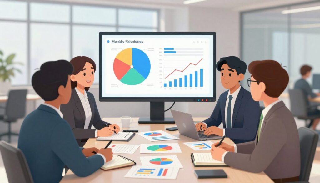A modern office setting depicting a monthly review process. In the foreground, a diverse group of three professionals, dressed in smart business attire, is engaged in a discussion around a table filled with charts, graphs, and notebooks. In the middle, a large digital screen displays key performance indicators, showcasing a colorful pie chart and line graphs reflecting the team's progress. The background features a contemporary office environment with large windows allowing natural light to fill the room, creating a bright and open atmosphere. The mood is focused yet collaborative, with soft shadows giving depth to the scene. The angle captures the group from a slight overhead perspective, emphasizing their engagement and the analytical materials in front of them. A modern office setting depicting a monthly review process. In the foreground, a diverse group of three professionals, dressed in smart business attire, is engaged in a discussion around a table filled with charts, graphs, and notebooks. In the middle, a large digital screen displays key performance indicators, showcasing a colorful pie chart and line graphs reflecting the team's progress. The background features a contemporary office environment with large windows allowing natural light to fill the room, creating a bright and open atmosphere. The mood is focused yet collaborative, with soft shadows giving depth to the scene. The angle captures the group from a slight overhead perspective, emphasizing their engagement and the analytical materials in front of them.