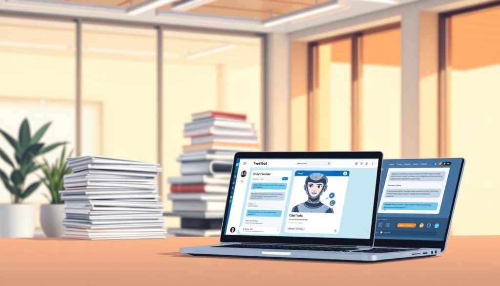 A modern office setting with a sleek, minimalist design. In the foreground, a travel chatbot interface is displayed on a laptop screen, showcasing its features and functionality. The chatbot's avatar is prominently featured, conveying a sense of personalized assistance. In the middle ground, there are several stacks of documents and research materials, indicating the evaluation process. The background is filled with warm, natural lighting, creating a professional and inviting atmosphere. The overall scene suggests a thorough and thoughtful assessment of the chatbot's capabilities to meet the needs of travel businesses.