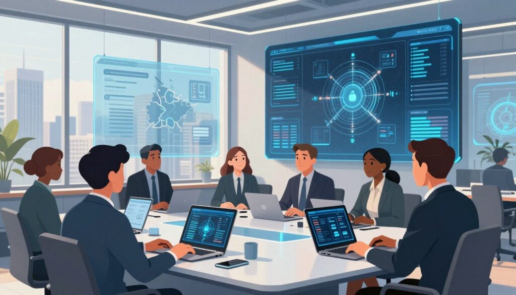 A modern office space representing the intersection of AI and security. In the foreground, a diverse group of professionals in business attire engage in discussion around a high-tech conference table, featuring laptops displaying AI algorithms and security analytics. The middle layer showcases transparent screens with data visualizations and digital maps, illustrating cybersecurity measures in action. The background includes a sleek city skyline visible through large windows, bathed in soft daylight, creating a collaborative and innovative atmosphere. Use sharp, clean lines with a focus on cooler tones like blues and greys, conveying professionalism and technological advancement. The overall mood is dynamic and inspiring, emphasizing teamwork in navigating cutting-edge security challenges. A modern office space representing the intersection of AI and security. In the foreground, a diverse group of professionals in business attire engage in discussion around a high-tech conference table, featuring laptops displaying AI algorithms and security analytics. The middle layer showcases transparent screens with data visualizations and digital maps, illustrating cybersecurity measures in action. The background includes a sleek city skyline visible through large windows, bathed in soft daylight, creating a collaborative and innovative atmosphere. Use sharp, clean lines with a focus on cooler tones like blues and greys, conveying professionalism and technological advancement. The overall mood is dynamic and inspiring, emphasizing teamwork in navigating cutting-edge security challenges.