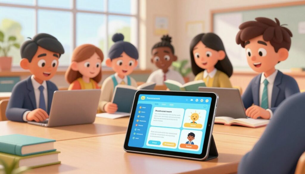 A modern, sleek education AI tool for reading depicted in a bright classroom setting. In the foreground, a tablet displays an interactive reading program featuring colorful graphics and engaging content. The middle ground showcases a diverse group of students, dressed in professional business attire, concentrating as they use the tool, with eager expressions and bright eyes. In the background, a large window allows natural light to flood the room, illuminating the space filled with books and digital learning aids. The atmosphere is positive and focused, reflecting a productive learning environment designed to enhance reading comprehension. The scene captures a sense of innovation and collaboration in education.