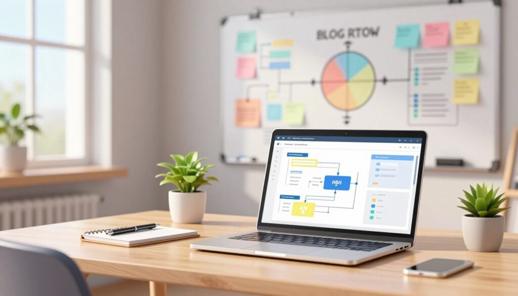 A modern, sophisticated workspace illustrating an automated blog research workflow. In the foreground, a sleek laptop displays flowcharts and data analytics on its screen, symbolizing the integration of n8n workflows. A notepad and pen are positioned nearby, indicating note-taking. In the middle, a tidy desk with a small plant adds a touch of greenery, while the background features a large whiteboard filled with colorful diagrams and sticky notes, representing brainstorming ideas. Soft, natural lighting floods the scene from a window, casting gentle shadows that create a professional yet inviting atmosphere. The overall mood conveys innovation and productivity, showcasing an efficient research process.