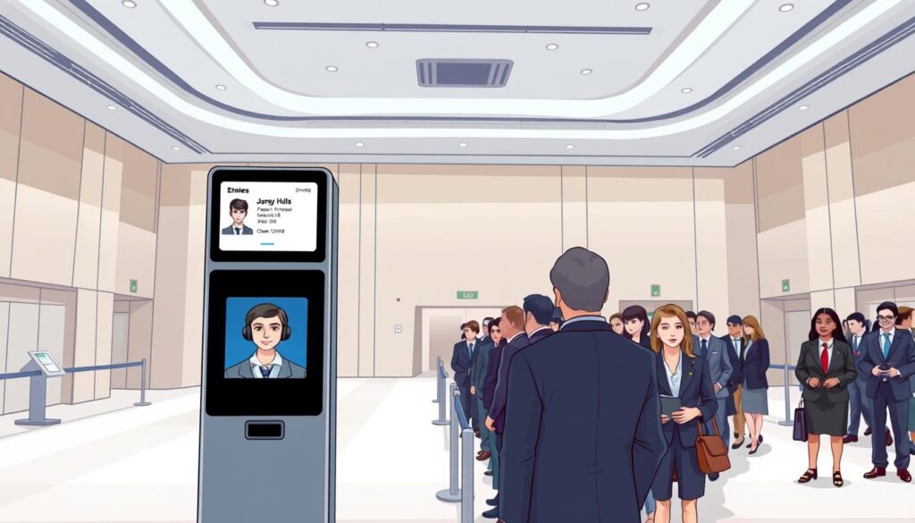 A modern, well-lit event hall, with a clean, minimalist aesthetic. In the foreground, a sleek facial recognition station, its screen displaying attendee information and a prompt to look into the camera. The middle ground features a queue of smartly dressed professionals, their faces captured by discreet cameras as they check in. The background showcases the venue's architectural details - high ceilings, large windows, and a sense of openness. The overall atmosphere is one of efficiency, technology, and a subtle sense of security.