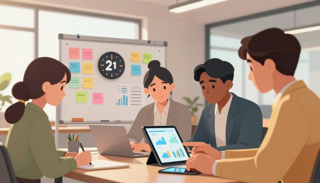 A modern, well-organized office space depicting productivity management in action. In the foreground, a diverse group of three individuals, dressed in professional attire, intently reviewing charts and graphs on a digital tablet, showcasing their focus on tracking effectiveness. The middle ground features a whiteboard filled with colorful sticky notes and a timer prominently displaying a 2-hour countdown. In the background, a large window allowing natural light to flood the space, creating an inviting atmosphere. Soft, warm lighting casts a motivational glow throughout the room, emphasizing a sense of productivity and collaboration. The composition captures a focused yet energetic vibe, illustrating a dynamic approach to managing focused work blocks effectively.