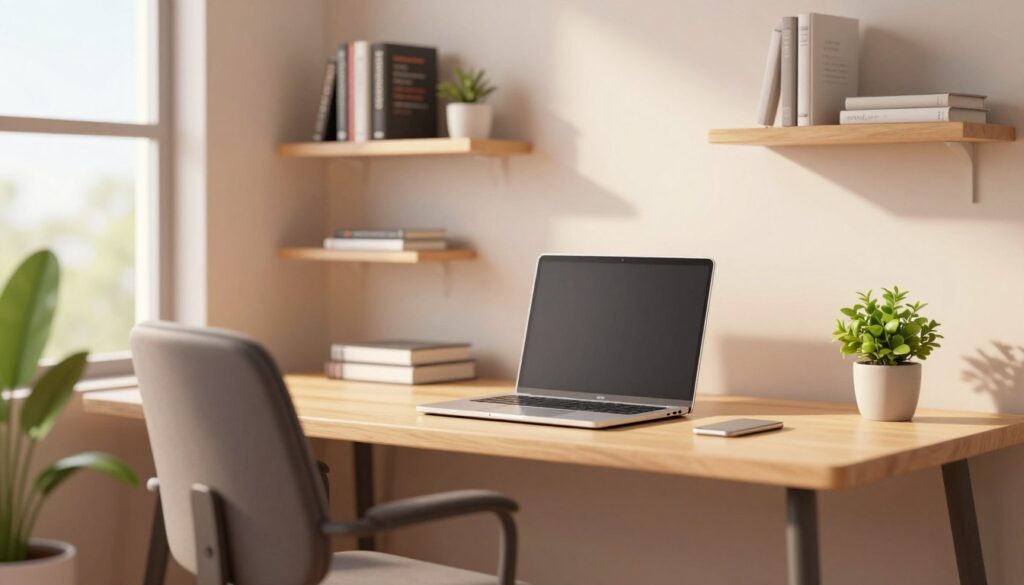 A modern workspace designed for productivity, featuring a sleek, minimalist desk with a high-quality laptop open, illuminated by soft, natural light filtering in from a large window. In the foreground, include a comfortable ergonomic chair and a small potted plant, adding a touch of greenery. In the middle ground, showcase organized shelves with coding books and a tidy workspace free of distractions, emphasizing a clean and focused environment. The background should have a blurred view of a calming wall, painted in soft, neutral tones, enhancing the serene atmosphere. Use a warm color palette to evoke a sense of tranquility, and center the image with a slight depth of field, ensuring the workspace stands out vividly while maintaining a soothing overall mood.