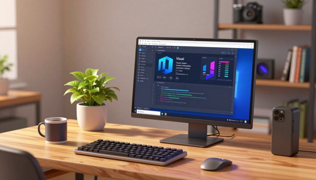 A modern workspace featuring a computer screen displaying an engaging and colorful Visual Studio Code interface adorned with various IDE plugins. In the foreground, a stylish laptop sits on a sleek wooden desk surrounded by essential coding tools like a mechanical keyboard and a coffee mug. The middle ground includes a potted plant for a touch of nature, while the background unfolds a well-organized shelf filled with tech books and gadgets, exuding a creative atmosphere. Soft, warm lighting illuminates the scene, casting gentle shadows, while a slight lens blur creates focus on the coding setup. The mood is inspiring and productive, perfect for creative coders seeking to enhance their workflow with powerful tools. A modern workspace featuring a computer screen displaying an engaging and colorful Visual Studio Code interface adorned with various IDE plugins. In the foreground, a stylish laptop sits on a sleek wooden desk surrounded by essential coding tools like a mechanical keyboard and a coffee mug. The middle ground includes a potted plant for a touch of nature, while the background unfolds a well-organized shelf filled with tech books and gadgets, exuding a creative atmosphere. Soft, warm lighting illuminates the scene, casting gentle shadows, while a slight lens blur creates focus on the coding setup. The mood is inspiring and productive, perfect for creative coders seeking to enhance their workflow with powerful tools.