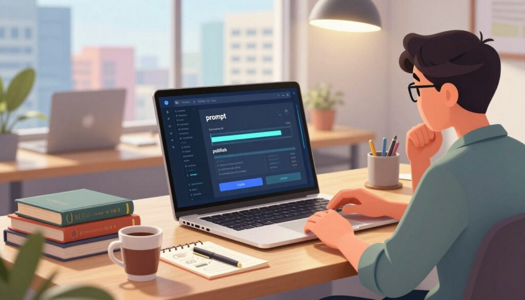 A modern workspace focused on developer productivity, showcasing a sleek laptop glowing with a user-friendly app interface on the screen, displaying progress from "prompt" to "publish". In the foreground, a professional developer wearing smart casual attire is thoughtfully engaged with their work, illuminated by soft overhead lighting. The middle layer features a stylish desk cluttered with coding books, a notepad filled with ideas, and a coffee cup, emphasizing a creative atmosphere. In the background, a large window reveals a vibrant cityscape, brightening the scene with natural light. The overall mood is one of innovation and dedication, with a warm color palette to evoke inspiration and focus.