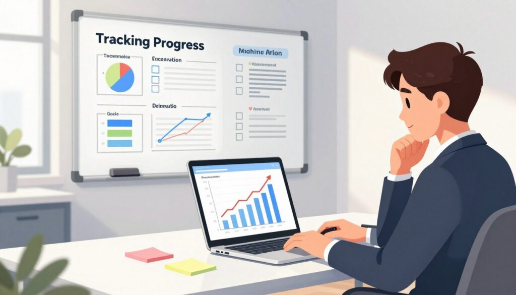 A modern workspace scene illustrating the concept of tracking progress. In the foreground, a sleek desk with an open laptop displaying a graph with upward trends, colorful sticky notes scattered around, and a professional in business attire, looking thoughtfully at the screen. In the middle, a whiteboard filled with organized charts, goals, and checkboxes, suggesting ongoing evaluation and adjustment. The background features a bright window with natural light streaming in, illuminating the space and creating a productive atmosphere. The overall mood is focused and motivational, with a clean and organized aesthetic, emphasizing clarity and purpose in academic goal-setting. The angle is slightly elevated, providing a comprehensive view of the entire workspace.