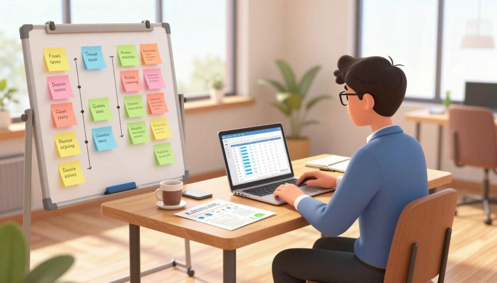 A motivational workspace scene depicting a professional individual in smart casual attire, sitting at a wooden desk surrounded by project materials. In the foreground, a colorful whiteboard displays neatly organized sticky notes labeled with tasks, while a laptop shows a project management tool opened on the screen. The middle ground features a planner and a cup of coffee, indicating focus and productivity. In the background, large windows allow natural light to pour in, creating a warm and inviting atmosphere. Soft shadows are cast on the floor, enhancing depth. The mood is one of concentration and positivity, emphasizing the benefits of breaking projects into manageable pieces, with a slight blur on the background to maintain focus on the workspace. A motivational workspace scene depicting a professional individual in smart casual attire, sitting at a wooden desk surrounded by project materials. In the foreground, a colorful whiteboard displays neatly organized sticky notes labeled with tasks, while a laptop shows a project management tool opened on the screen. The middle ground features a planner and a cup of coffee, indicating focus and productivity. In the background, large windows allow natural light to pour in, creating a warm and inviting atmosphere. Soft shadows are cast on the floor, enhancing depth. The mood is one of concentration and positivity, emphasizing the benefits of breaking projects into manageable pieces, with a slight blur on the background to maintain focus on the workspace.