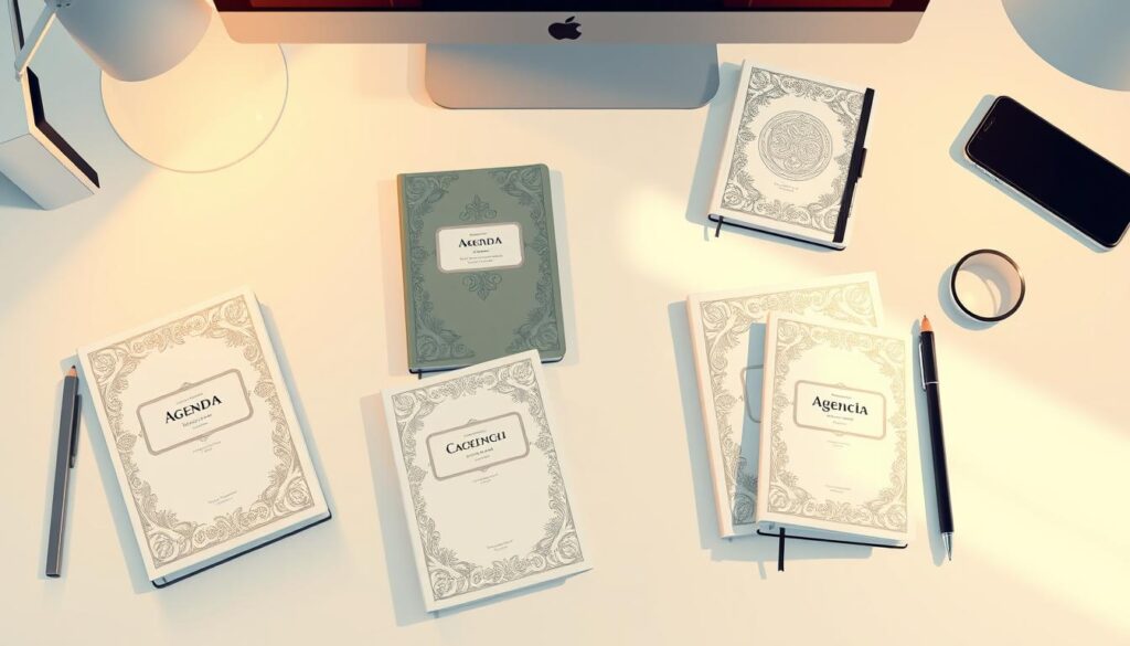 A neatly arranged set of personalized agendas on a clean white desk, illuminated by warm, soft lighting from above. Each agenda features a distinct cover design, intricate patterns, and elegant typography tailored to the individual conference attendee. The agendas are surrounded by minimalist office supplies, creating a cohesive and visually appealing workspace. The composition emphasizes the personalized nature of the agendas, showcasing how they can enhance the overall conference experience for participants.