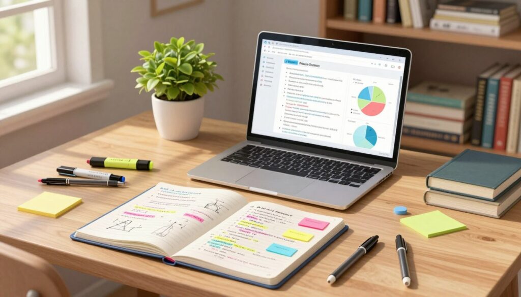 A neatly arranged study desk in a cozy, well-lit room. In the foreground, an open notebook filled with neatly handwritten practice questions and diagrams, accompanied by colorful sticky notes highlighting key concepts. A set of highlighters and pens is scattered around, emphasizing a focused study environment. In the middle ground, a laptop displays a digital study plan with charts and graphs reflecting academic progression, while a potted plant adds a touch of greenery. The background features a bookshelf filled with textbooks, creating an academically inspiring atmosphere. Soft, natural light filters through a window, casting gentle shadows and creating a calm, inviting energy, ideal for effective study sessions. A neatly arranged study desk in a cozy, well-lit room. In the foreground, an open notebook filled with neatly handwritten practice questions and diagrams, accompanied by colorful sticky notes highlighting key concepts. A set of highlighters and pens is scattered around, emphasizing a focused study environment. In the middle ground, a laptop displays a digital study plan with charts and graphs reflecting academic progression, while a potted plant adds a touch of greenery. The background features a bookshelf filled with textbooks, creating an academically inspiring atmosphere. Soft, natural light filters through a window, casting gentle shadows and creating a calm, inviting energy, ideal for effective study sessions.