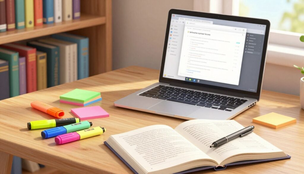 A neatly arranged workspace featuring various book annotation tools. In the foreground, there are colorful highlighters, sticky notes in different shapes, and a sleek pen, all placed on an open book with annotations on its pages. In the middle, a laptop displays a digital annotation app, with a soft glow illuminating the screen. The background consists of a wooden bookshelf filled with neatly organized books, with warm, natural lighting filtering through a nearby window, casting subtle shadows. The scene has an inviting and focused atmosphere, perfect for studying and annotation. The image should be captured at a slight overhead angle, emphasizing the tools and the book while ensuring a clean and organized look.