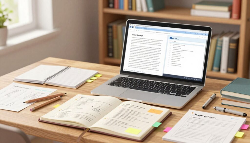 A neatly organized desk adorned with structured research notes and outlines. In the foreground, a well-lit, open notebook with neatly written bullet points and diagrams, with colorful sticky notes strategically placed for emphasis. Pencils and highlighters lie beside the notebook, suggesting active engagement. In the middle, a laptop displays a split screen with an academic article on one side and a scholarly database on the other, hinting at research activity. The background features a wooden bookshelf filled with neatly arranged books, indicating a scholarly environment. Soft, natural lighting filters through a nearby window, creating a calm and focused atmosphere, perfect for research. The camera angle is slightly above eye level, capturing the essence of an organized workspace conducive to deep research and note-taking.