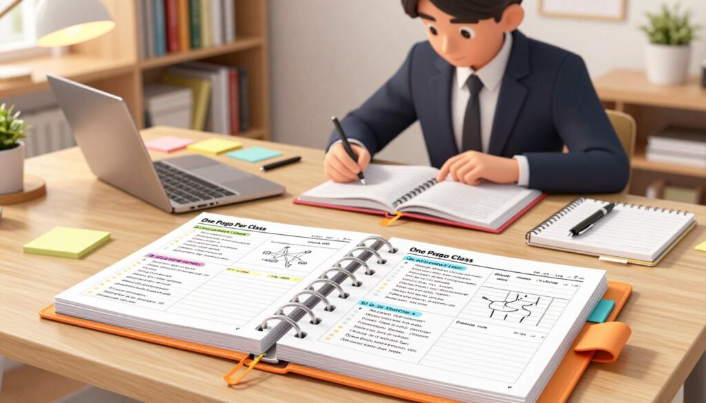 A neatly organized desk scene showcasing the "One Page Per Class" method for study organization. In the foreground, a vibrant, colorful binder with neatly arranged document protectors displaying individual, labeled pages for different subjects. The pages are filled with handwritten notes, diagrams, and important bullet points. In the middle ground, a focused student, dressed in professional business attire, is attentively reviewing the binder, surrounded by study tools like a laptop, pens, sticky notes, and a planner. In the background, a well-lit, cozy study space with bookshelves lined with educational books and a warm glow from a desk lamp, creating a productive atmosphere. The overall mood is inspiring and concentrated, emphasizing effective organization and study practices. The lighting is soft yet bright, enhancing clarity and focus in the scene.