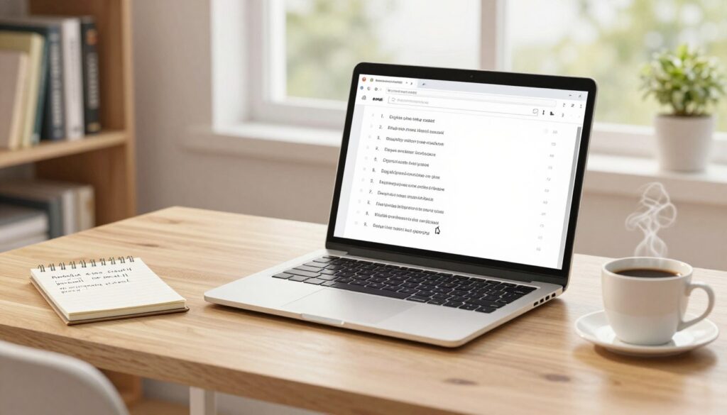 A neatly organized workspace featuring a modern desk with a sleek laptop open to an email draft. The screen displays a list of effective email subject lines in a clear, concise format, and the cursor highlights a thoughtful greeting. In the foreground, a notepad with handwritten notes about email etiquette lies next to a steaming cup of coffee. The background shows a cozy bookshelf filled with educational resources and a large window that lets in soft, natural light, creating a warm and inviting atmosphere. The overall mood is professional yet approachable, emphasizing the importance of communication in an educational setting. The lighting is bright, with a soft focus on the computer screen, and the angle captures both the desk and the serene background.